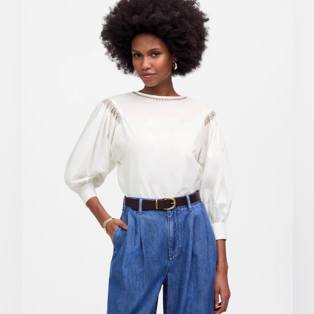 Madewell Embroidered Poplin Balloon-Sleeve Top